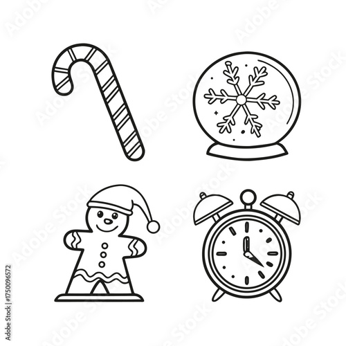Four distinct christmas icons a candy cane snow globe scarecrow and alarm clock set isolated on transparent background