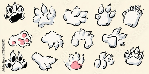 Diverse collection of hand-drawn animal paw prints illustration set.