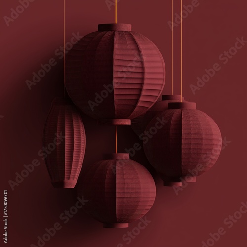 Decorative Lanterns in Shades of Burgundy and Black Hanging in Warm Indoor Light