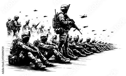 Soldiers Resting after Mission – tactical military unit sketch vector illustration