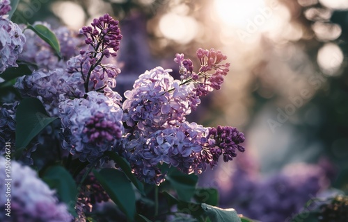 Lilac Flowers Bloom Under Soft Sunlight in a Serene Garden Setting During Spr...