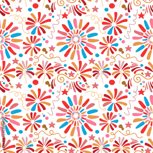 Fireworks party seamless pattern, bright colors, fireworks display, blue, yellow, red, and white, holiday, celebration, 4th of July, New Year's Celebration, pattern, art decoration, vector