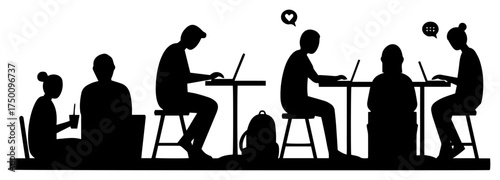 Coworking Space Silhouette Set – people working on laptops vector illustration