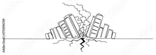 Earthquake Destroyed Skyscrapers – dramatic city collapse continuous line vector illustration