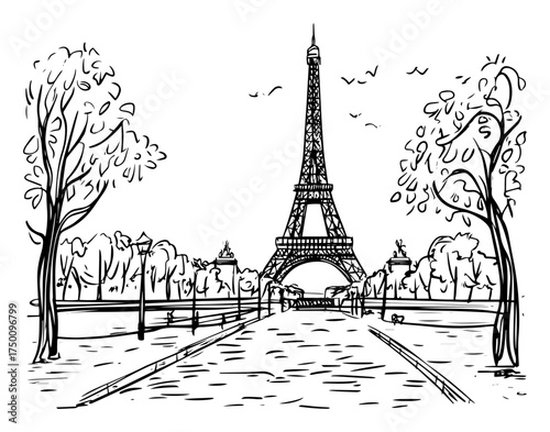 Eiffel Tower View from Champ de Mars – Paris landmarki sketch vector illustration
