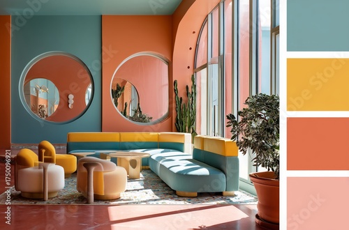 Modern Living Room Design With Colorful Accents and Large Windows Overlooking...