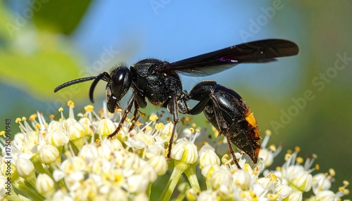 Fototapeta Naklejka Na Ścianę i Meble -  Black Wasp on White Flowers Close-up.
