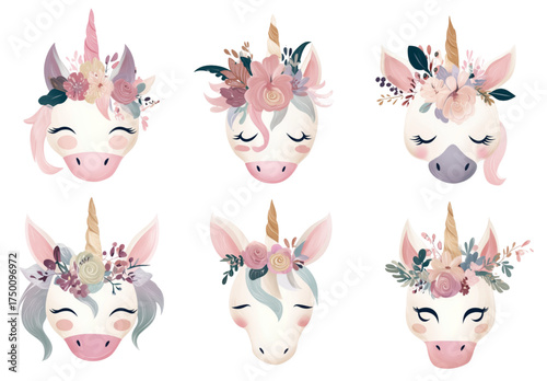 Set of six adorable watercolor unicorn faces with floral crowns.