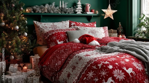 Cozy Christmas Bedroom Decorated With Festive Red Bedding and Holiday Accents