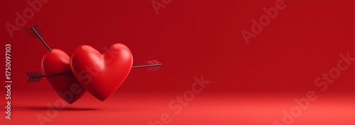 Two Red Hearts With Arrows on a Vibrant Red Background for Valentines Day Cel...