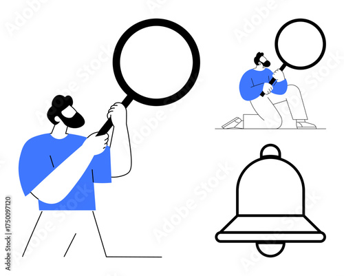 Concept of searching, examining, and analyzing showcased through a man with magnifying glass and notification bell. Ideal for research, discovery, notifications, problem-solving, data analysis