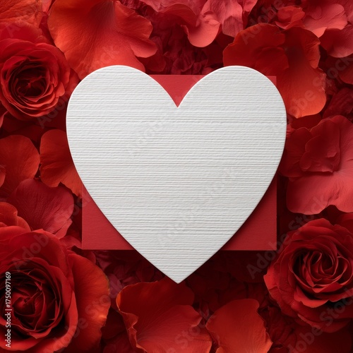 Heart Shape on Red Background Surrounded by Red Roses for Romantic Occasions