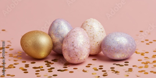 Colorful Easter Eggs Arranged on a Pink Surface Decorated With Gold Foil Dots...
