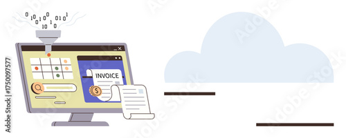 Monitor with active invoice processing, data analysis workflow, and cloud connection represents streamlined documentation and data sharing. Ideal for accounting, automation, digital workflow