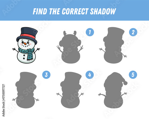 Find correct shadow of cartoon snowman. Educational logical game for kids. Christmas game. Vector illustration
