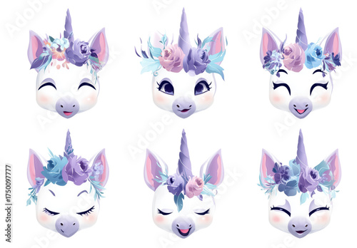 Collection of six cute watercolor unicorn heads with floral wreaths.