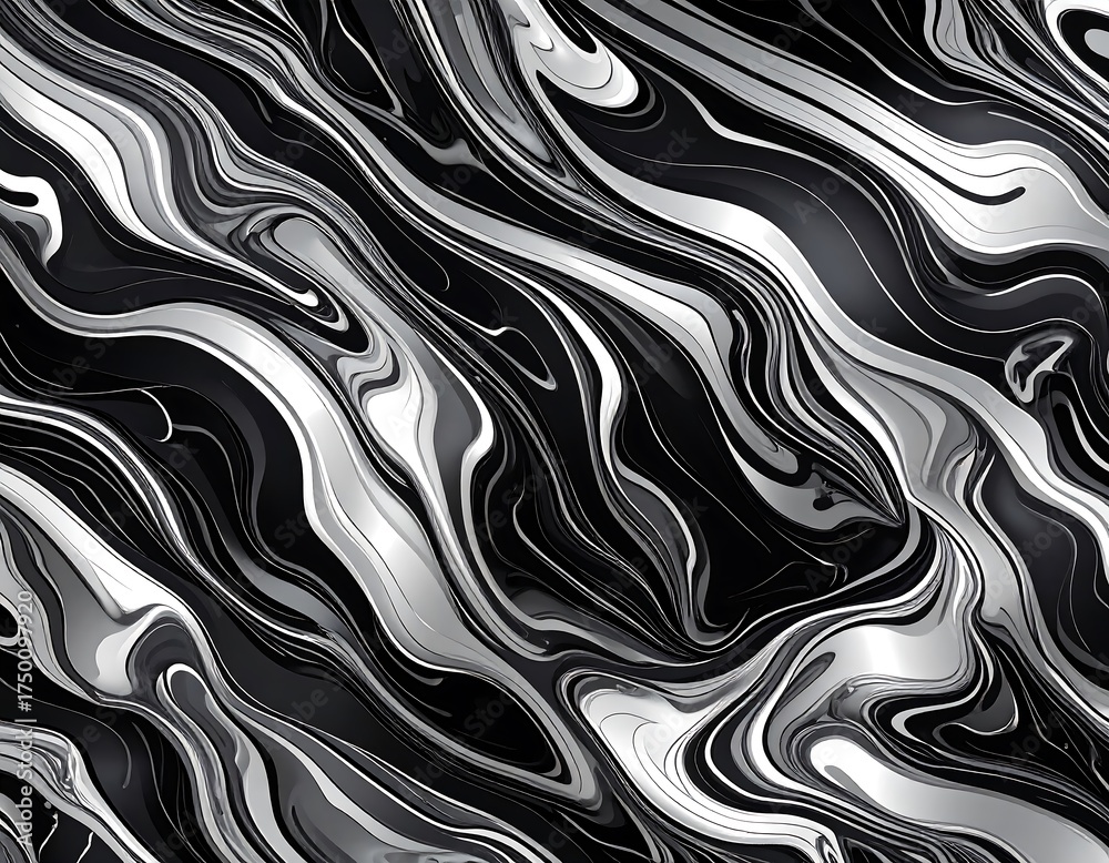Fototapeta premium A swirling abstract design in varying shades of grey and black, with lustrous, flowing textures creating a modern, marbled appearance