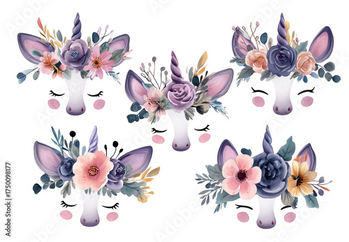 Set of five cute watercolor unicorn faces with floral crowns.