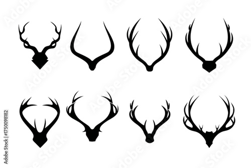 A diverse set of eight black deer antler silhouettes isolated on a white background.