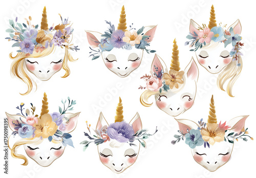 Set of cute watercolor unicorn faces with floral crowns and golden horns.