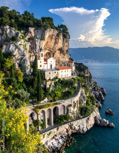 Coastal Italian Monastery Scenic View.