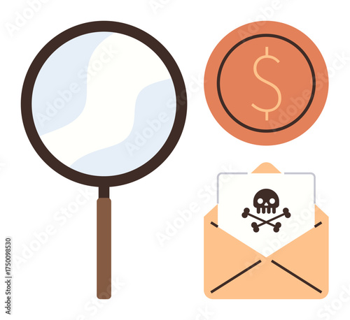 Magnifying glass examining threatening email marked with a skull icon, next to a dollar sign circle. Ideal for cyber security, email scam detection, phishing warning, online safety, fraud