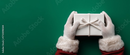 Holiday Gift Held by Hands in Santa Costume on Green Background