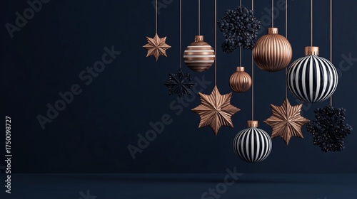 Decorative Silver Ornaments Hanging Against a Dark Background During the Fest...