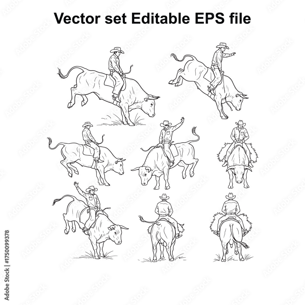 Fototapeta premium Vector art of set of nine cowboy and bull riding illustrations, , depicting rodeo action with riders on bulls and horses in dynamic poses, perfect for western themes
