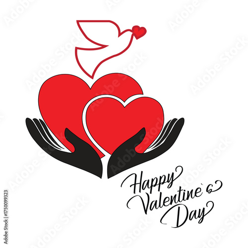 Happy Valentine’s Day Design – Red Hearts, Dove, and Hands Love Symbol Vector Illustration