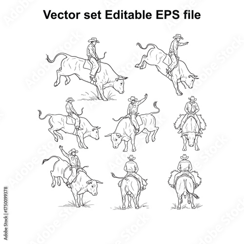 Vector art of set of nine cowboy and bull riding illustrations, , depicting rodeo action with riders on bulls and horses in dynamic poses, perfect for western themes