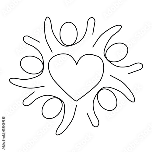 Community and Love Icon – Continuous Line Art of People Around Heart Symbol Vector Illustration