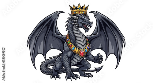 Majestic dragon king wearing golden crown and jeweled collar, ready to dominate fantasy realms, offering power and strength for your next adventure