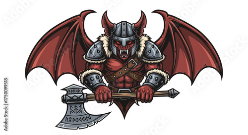 Fierce winged demon warrior with battle axe, ready for epic fantasy quests and gaming adventures