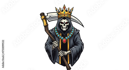 Majestic Grim Reaper crowned in gold, brandishing scythe, exuding dark royalty and ultimate power, perfect for edgy designs.