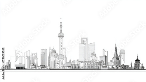 Architectural line drawing of a famous Asian city skyline.