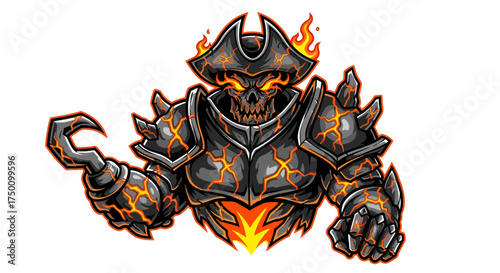 Fearsome fiery pirate skeleton warrior with hook hand and burning skull, ready for epic battle