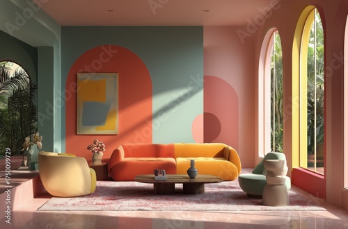 Modern Living Room With Colorful Walls and Stylish Furniture in Bright Sunlight