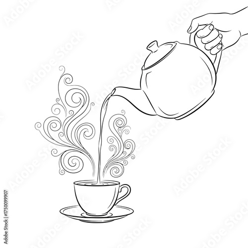 Hand pouring hot beverage from teapot into a cup with decorative steam swirls