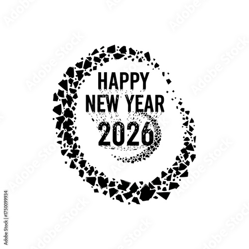 Happy new year 2026 text with abstract shattered circle design