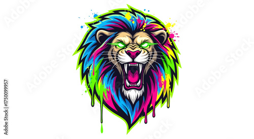Fierce lion head roars with vibrant neon colors and aggressive glowing eyes, a dynamic symbol of power and wild energy.