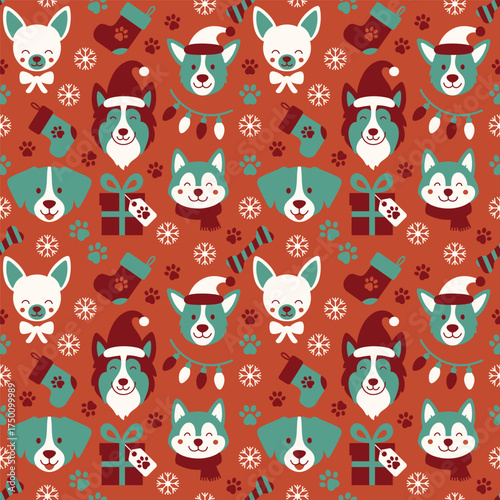 Seamless vector pattern with cute dog faces, holiday elements, snowflakes, stockings, gifts, and paw prints in flat festive style.
