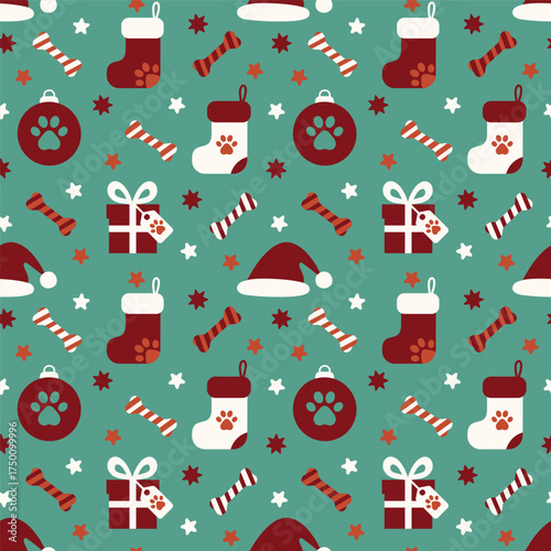 A seamless vector pattern featuring Christmas-themed pet elements, including stockings, Santa hats, paw prints, gift boxes, bones, stars, and ornaments in a festive flat design style.
