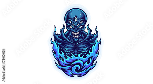 Terrifying six-eyed alien monster engulfed in blue flames with menacing grin, a chilling design for horror games, dark fantasy, or spooky Halloween projects