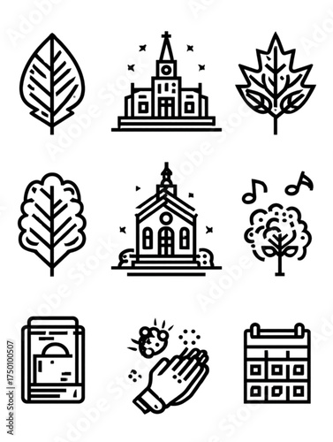 Set of religious and nature themed line art icons for faith.