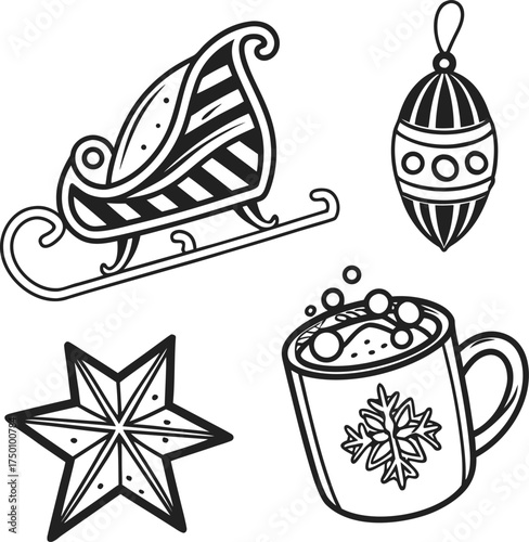 Festive christmas symbols collection hand drawn line art icons for holiday design isolated on transparent background