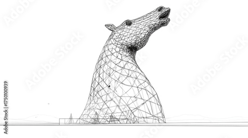 Architectural line drawing of a giant horse head sculpture.