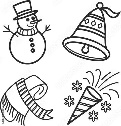 Hand drawn christmas icons snowman bell scarf party popper festive elements isolated on transparent background
