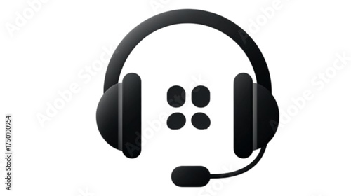 Modern black headset with microphone and logo icon.