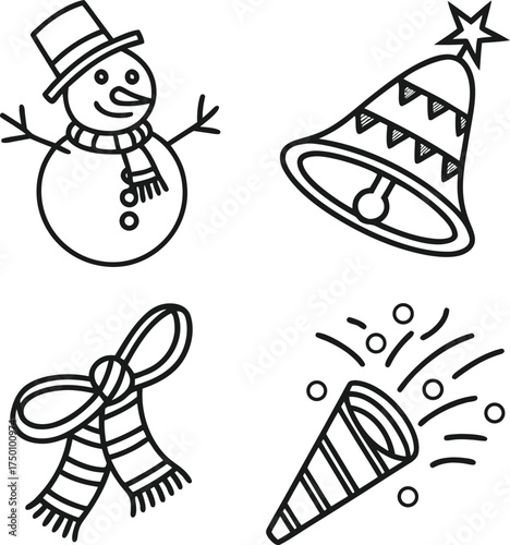 Whimsical hand-drawn christmas icons including snowman gift party hat candy cane isolated on transparent background